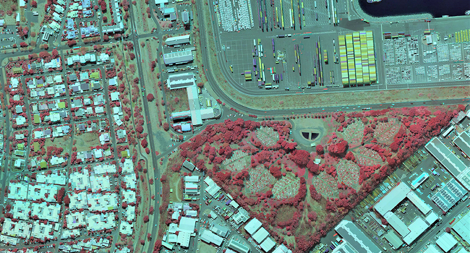 Drone Tech. Télédétection. >Orthophoto proche infrarouge-rouge-vert pour mise en évidence de la végétation. Ile de la Réunion.